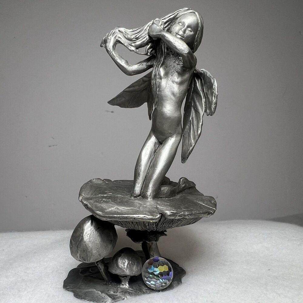 Vtg 1988 Rawcliffe Pewter Water Fairy Pixie on Mushroom w Crystal Ball 4” Signed